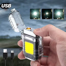Isqueiro eletrônico portátil recarregável via USB com LED, seguro, anti-queimaduras, leve e prático para viagens.